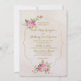 ピンクロエレガントーズオンアイボリーと金ゴールド枠 招待状