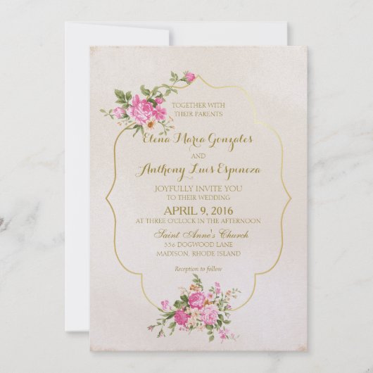 ピンクロエレガントーズオンアイボリーと金ゴールド枠 招待状 (正面)