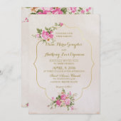 ピンクロエレガントーズオンアイボリーと金ゴールド枠 招待状 (正面/裏面)