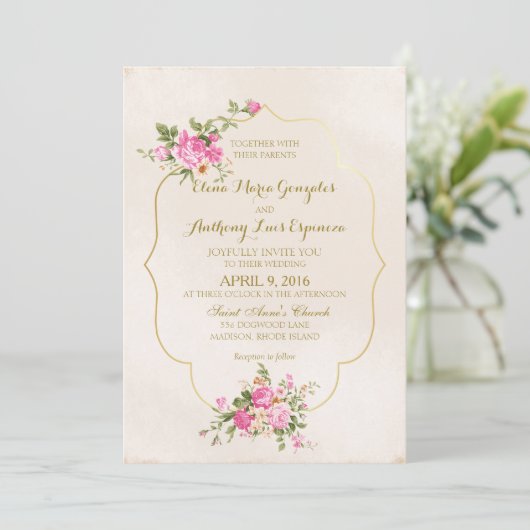 ピンクロエレガントーズオンアイボリーと金ゴールド枠 招待状 (スタンド正面)