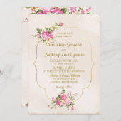 ピンクロエレガントーズオンアイボリーと金ゴールド枠 招待状 (正面/裏面)