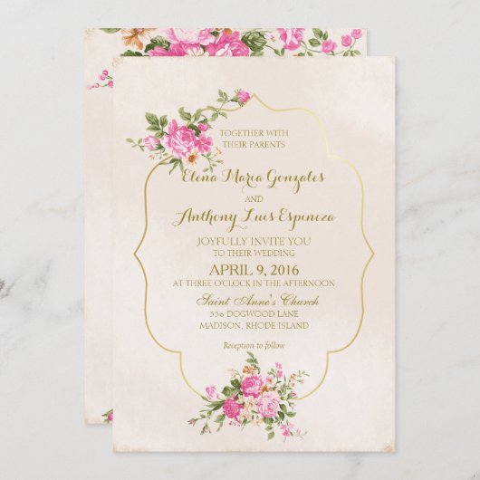ピンクロエレガントーズオンアイボリーと金ゴールド枠 招待状 (正面/裏面)