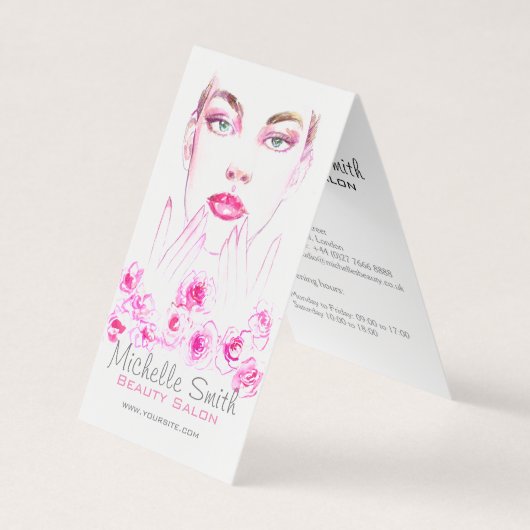 ピンクロエレガントーズフローラウォーターカラー美しいサロン 名刺 (正面)