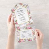ピンクロエレガントーゼズ植物学庭園の結婚式 オールインワン招待状 (貼ってはがせる)