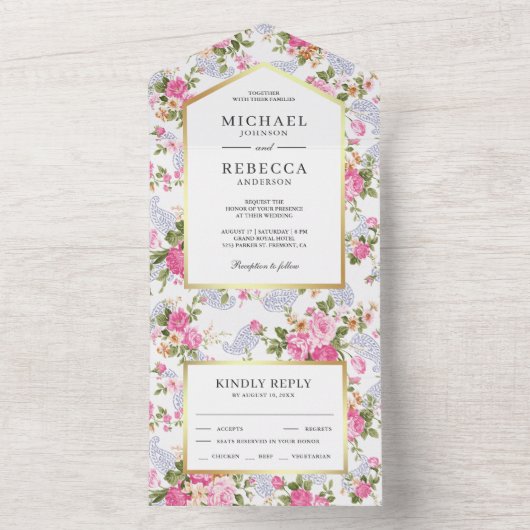 ピンクロエレガントーゼズ植物学庭園の結婚式 オールインワン招待状 (内側)