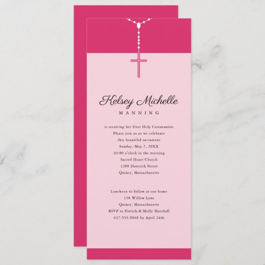 ピンクロザリオビーズファーストコミューンクロス 招待状 (正面/裏面)