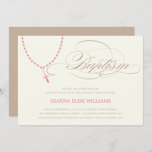 ピンクロザリオビーズ |バプテスマ招待状 招待状 (正面/裏面)