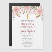 ピンクロセスウォーターカラーフローラファーストホリーコミュニオン マグネット招待状 (正面/裏面)