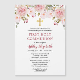 ピンクロセスウォーターカラーフローラファーストホリーコミュニオン  マグネット招待状
