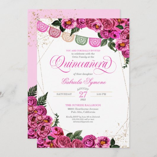 ピンクロセスフィエスタエレガントフローラキンセニェラ 招待状 (正面/裏面)