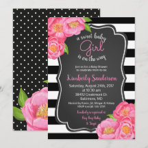 ピンクロセスフローラガールブラックアンドホワイトベイビーシャワー