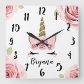 ピンクロセス金ゴールドグリッターユニコーントレンディーカウト スクエア壁時計 (正面)