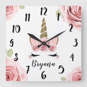 ピンクロセス金ゴールドグリッターユニコーントレンディーカウト スクエア壁時計