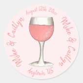 ピンクロゼバラワイングラス結婚ズブライダルシャワー ラウンドシール (正面)