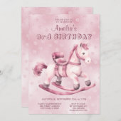 ピンクロッキングホース誕生日 招待状 (正面/裏面)