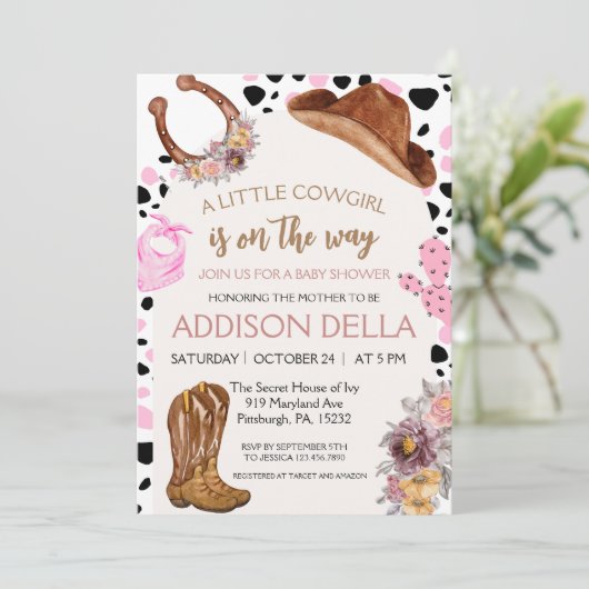 ピンクロデオウェスタン女性のカーボーイベビーシャワー招待状 招待状 (スタンド正面)