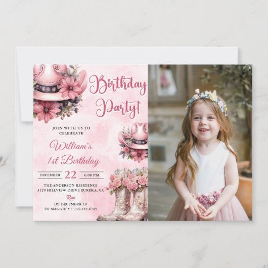 ピンクロデオウェスタン女性のカーボーイ誕生日パーティー写真 招待状 (正面)