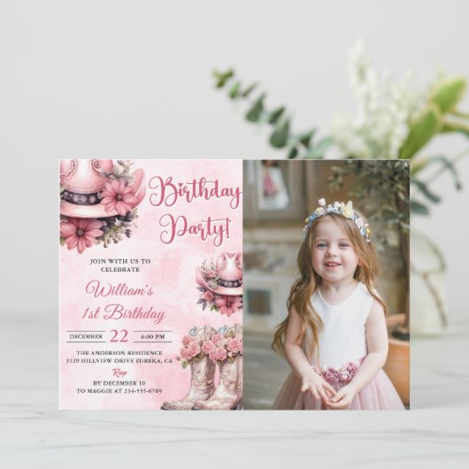 ピンクロデオウェスタン女性のカーボーイ誕生日パーティー写真 招待状 (スタンド正面)