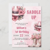 ピンクロデオウェスタン女性のカーボーイ誕生日パーティー 招待状 (正面)