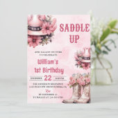 ピンクロデオウェスタン女性のカーボーイ誕生日パーティー 招待状 (スタンド正面)