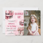 ピンクロデオウェスタン女性のカーボーイ誕生日写真 招待状 (正面)