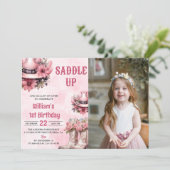 ピンクロデオウェスタン女性のカーボーイ誕生日写真 招待状 (スタンド正面)