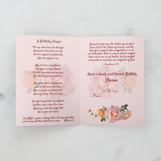 ピンクロパーソナライズされたーゼスクリスチャンシスター誕生日 シーズンカード (内部)