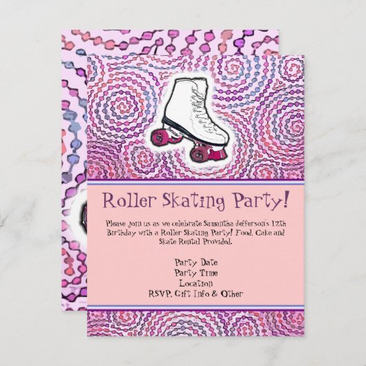 ピンクロパーソナライズされたーラスケートで滑るパーティの招待状 招待状 (正面/裏面)