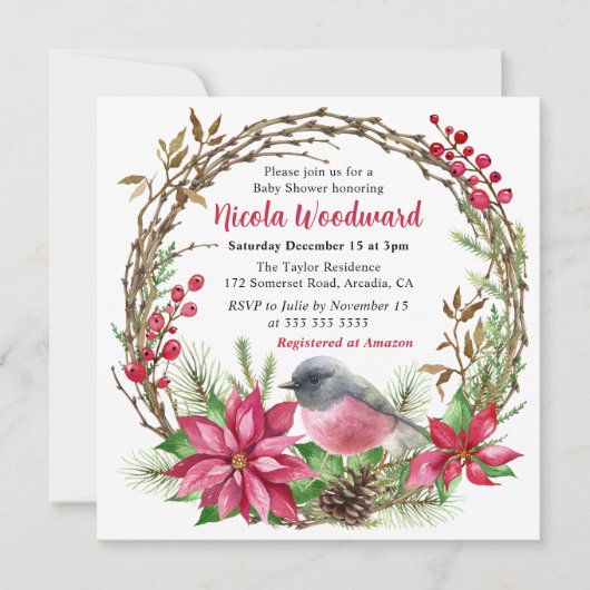 ピンクロビンとレッドポインセチアリースベビーシャワー 招待状 (正面)