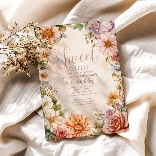 ピンクロマンチックパステルワイルドフラワーズスウィート16 招待状