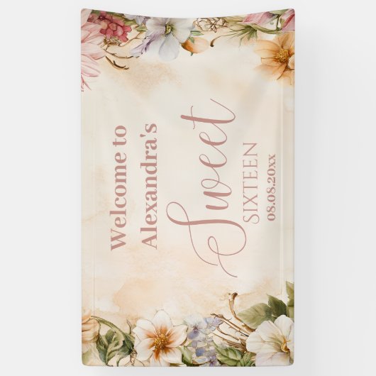 ピンクロマンチックパステルワイルドフラワーズスウィート16 横断幕 (縦)