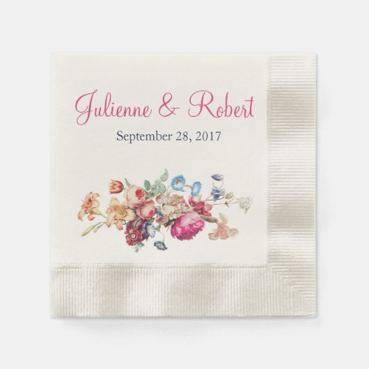 ピンクロマンチックヴィンテージ結婚フローラのカクテル 縁ありカクテルナプキン (正面)