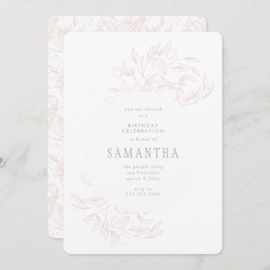 ピンクロマンチック描フローラ誕生日招待状 招待状 (正面/裏面)