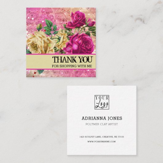 ピンクローズありがとうロゴ スクエア名刺 (正面/裏面)