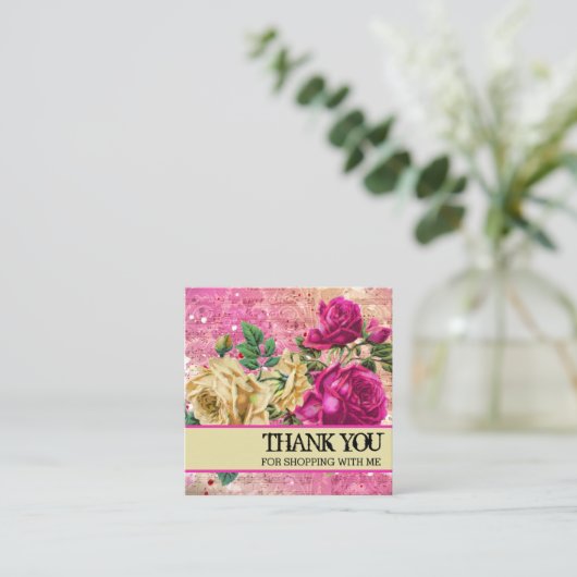 ピンクローズありがとうロゴ スクエア名刺 (スタンド正面)