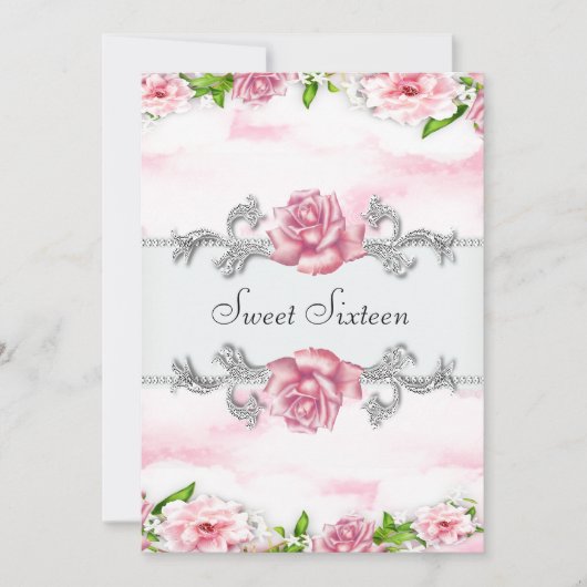ピンクローズかわいらしピンクホワイトSweet sixteenパーティー 招待状 (正面)
