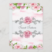 ピンクローズかわいらしピンクホワイトSweet sixteenパーティー 招待状 (正面/裏面)