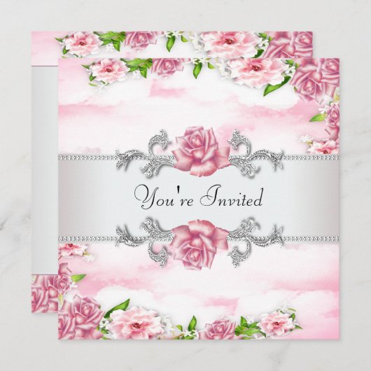 ピンクローズすべての行事パーティー 招待状 (正面/裏面)