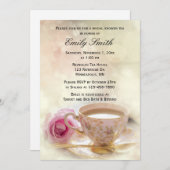 ピンクローズとティーカップ |エレガントブライダルシャワー茶 招待状 (正面/裏面)