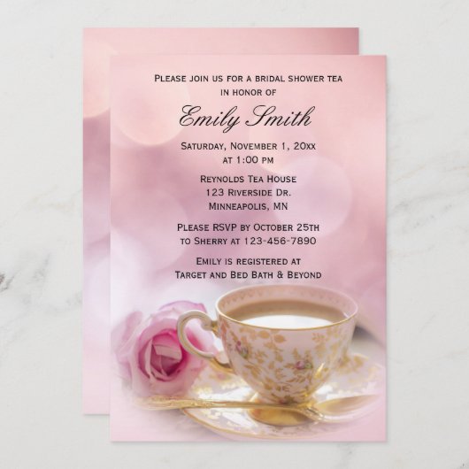 ピンクローズとティーカップ |ブライダルシャワー茶 招待状 (正面/裏面)