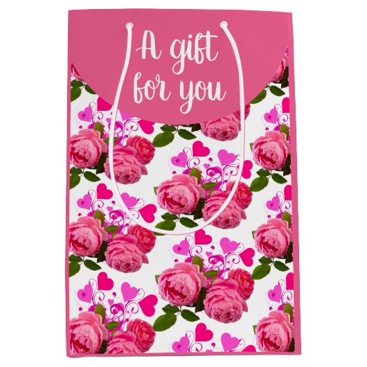 ピンクローズとハート ミディアムペーパーバッグ (正面)