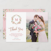 ピンクローズとバラ金ゴールドスクリプト |写真結婚の サンキューカード (正面/裏面)