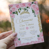 ピンクローズと装飾金ゴールドエレガントキンセアニェラ 招待状
