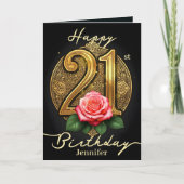 ピンクローズと金ゴールドフィリーグリー第21回誕生日 カード (正面)