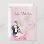 ピンクローズのヴィンテージウェディングカップルたった今結婚しました 案内ポストカード (正面/裏面)