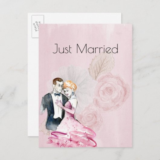 ピンクローズのヴィンテージウェディングカップルたった今結婚しました 案内ポストカード (正面/裏面)