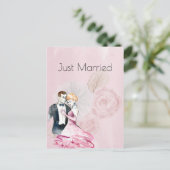 ピンクローズのヴィンテージウェディングカップルたった今結婚しました 案内ポストカード (スタンド正面)