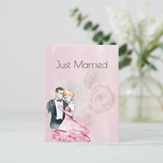 ピンクローズのヴィンテージウェディングカップルたった今結婚しました 案内ポストカード (スタンド正面)