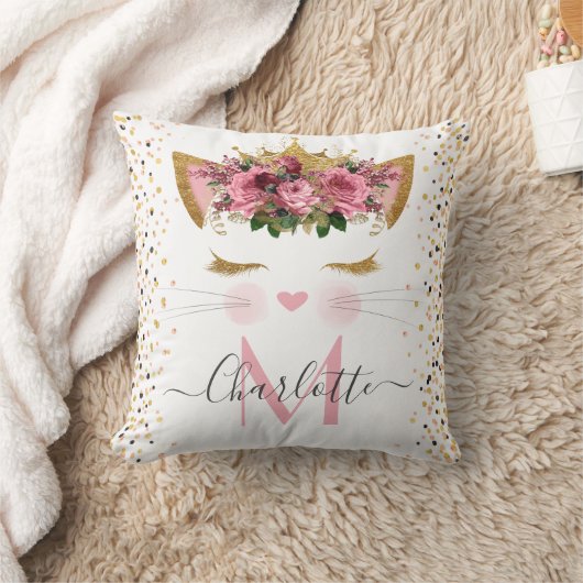 ピンクローズの金ゴールドかわいい猫のお姫様モノグラム クッション (ブランケット)