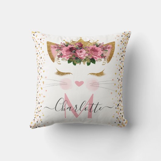 ピンクローズの金ゴールドかわいい猫のお姫様モノグラム クッション (裏面)